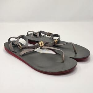 Tory Burch Women Gray Leather T Strap Thong Sandal Size 7.5M Gold Tone Logo